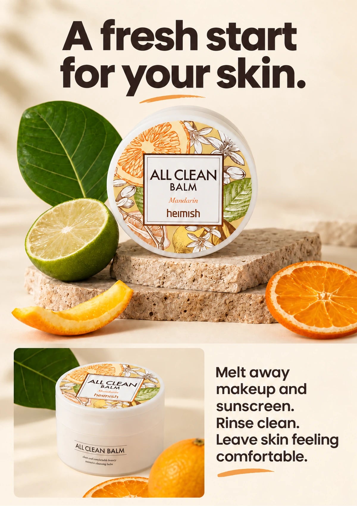 HEIMISH All Clean Balm Mandarin 120ml with citrus-inspired packaging and a comfortable clean finish.